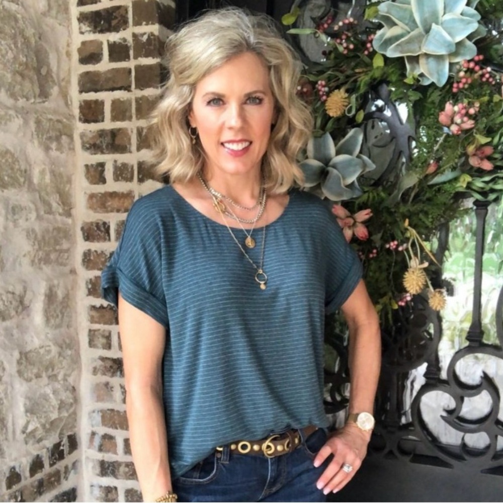 CAbi Teal With Grey Stripe Short Sleeve Super Soft Tee